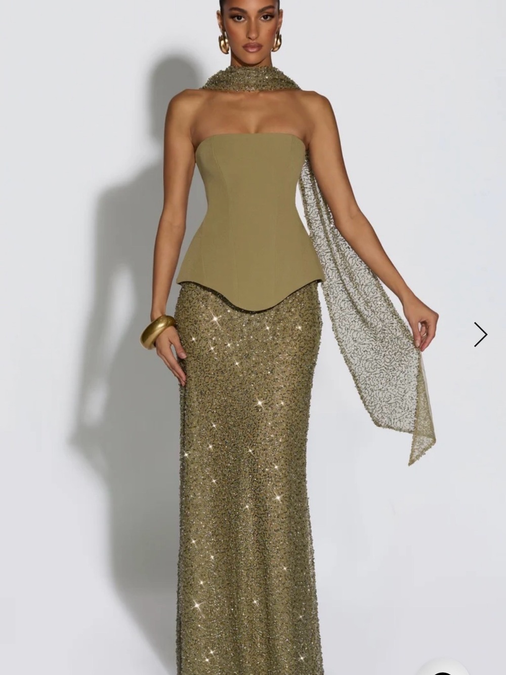 Strapless Olive Sequin Maxi Gown with Draped Scarf
